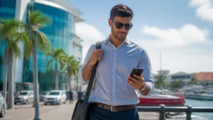 Tourist using fast mobile data in modern Oranjestad