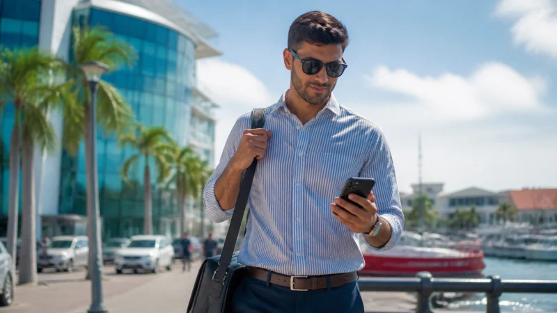 Tourist using fast mobile data in modern Oranjestad