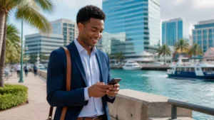 Business traveller using mobile data in modern Nassau