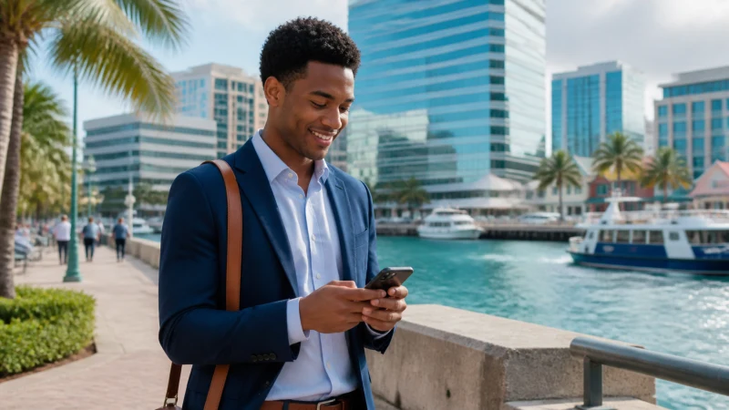 Business traveller using mobile data in modern Nassau