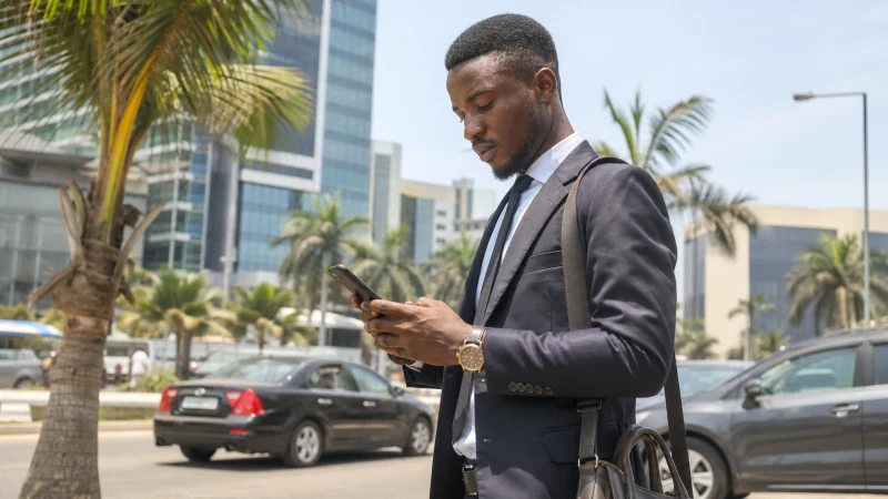 Business traveller using mobile data in modern Accra