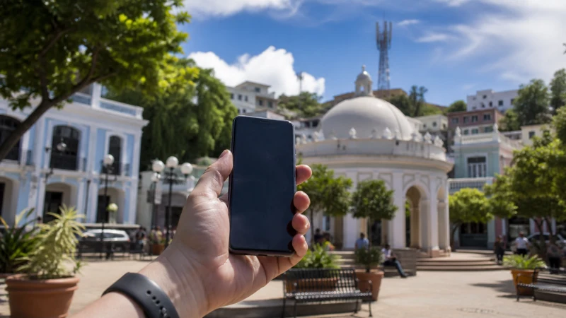 Traveller using a smartphone in Puerto Rico while using 4G and 5G in Puerto Rico