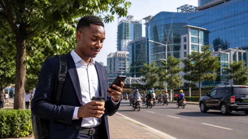 Business traveller using 4G or 5G mobile data in Kigali