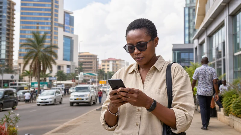 Modern Kampala streetscape with smartphone traveller.
