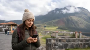Traveller using a smartphone in Ecuador for 4g ecuador tourists