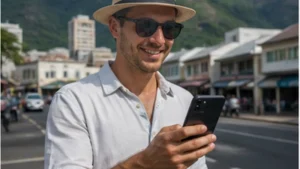 Traveller checking 4G availability on a smartphone in Seychelles