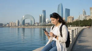 Traveller checking 5G coverage in central Baku