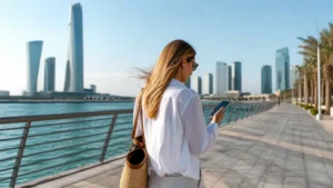 Traveller using a smartphone in Bahrain for 5g bahrain tourists