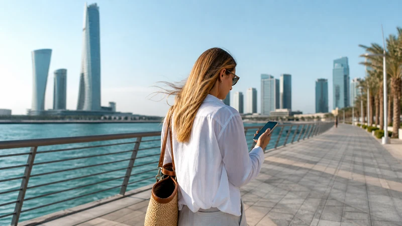 Traveller using a smartphone in Bahrain for 5g bahrain tourists