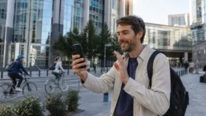 Traveller using a smartphone during a trip in Belgium