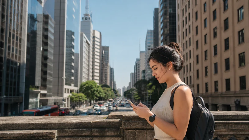 Traveller using a smartphone in Brazil for 5g brazil tourists