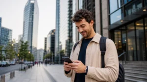 Traveller checking a 5G-capable smartphone in Sofia