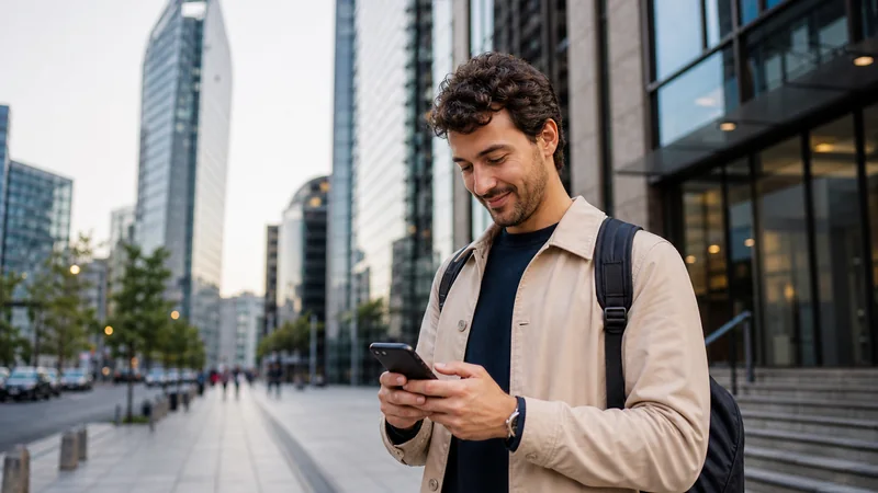 Traveller checking a 5G-capable smartphone in Sofia