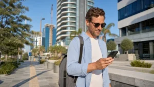 Traveller checking a 5G-capable smartphone in Limassol