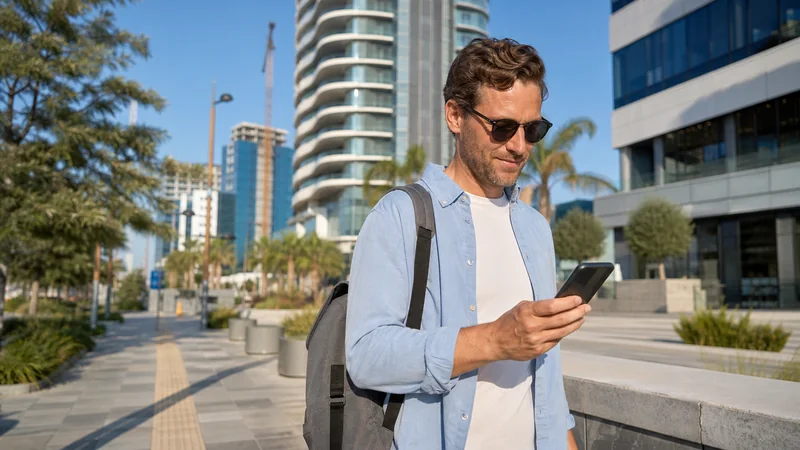 Traveller checking a 5G-capable smartphone in Limassol