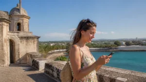 Traveller using a smartphone in the Dominican Republic for 5g dominican republic tourists