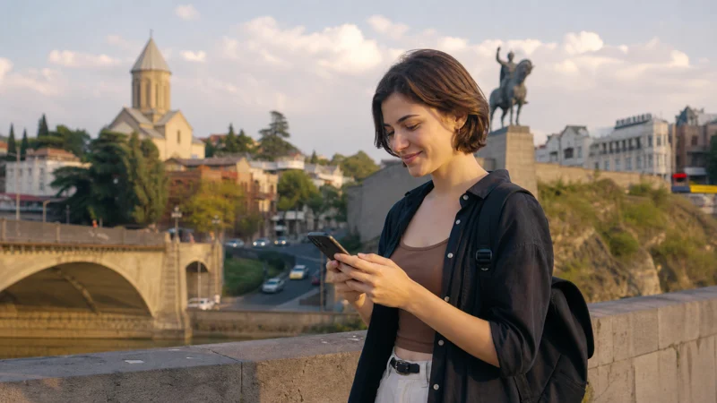 Traveller using a modern smartphone in contemporary Tbilisi