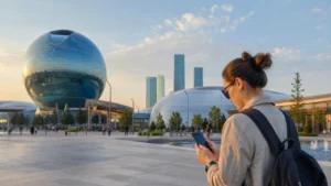 Tourist checking a 5G phone connection in central Astana.