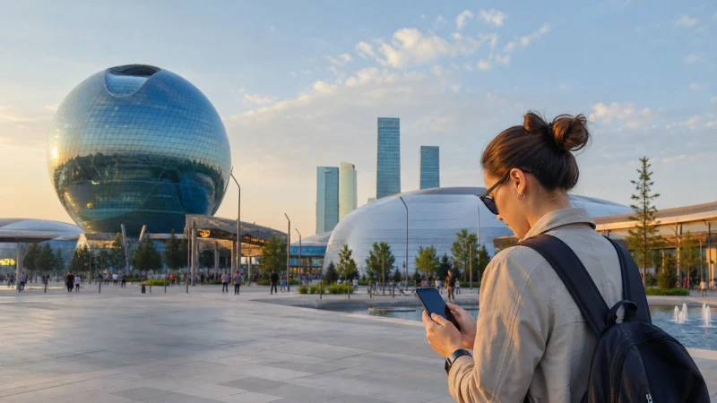 Tourist checking a 5G phone connection in central Astana.