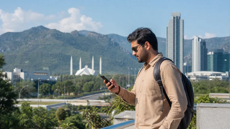 Traveller checking mobile network availability in Islamabad
