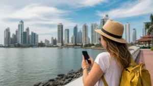 Traveller using a smartphone in Panama for 5g panama tourists