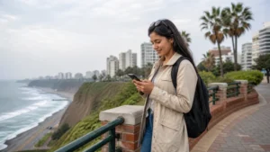 Traveller using a smartphone in Peru for 5g peru tourists