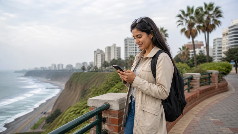 Traveller using a smartphone in Peru for 5g peru tourists