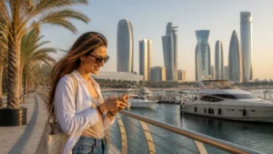Traveller using a smartphone in tourist using a smartphone near Lusail's modern skyline