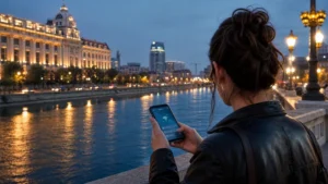 Traveller using a smartphone during 5g in romania for tourists in Romania.
