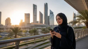 Traveller using mobile data beside the modern Riyadh skyline.