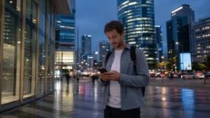 Traveller using 5G mobile data in modern Seoul
