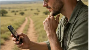 Traveller checking 5G availability on a smartphone in Tanzania