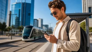 Traveller using a smartphone for 5G Tunisia Tourists in Tunisia