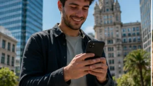 Traveller using a smartphone in Uruguay for 5g uruguay tourists