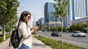 Traveller using a phone on a modern Tashkent boulevard