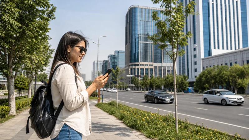 Traveller using a phone on a modern Tashkent boulevard