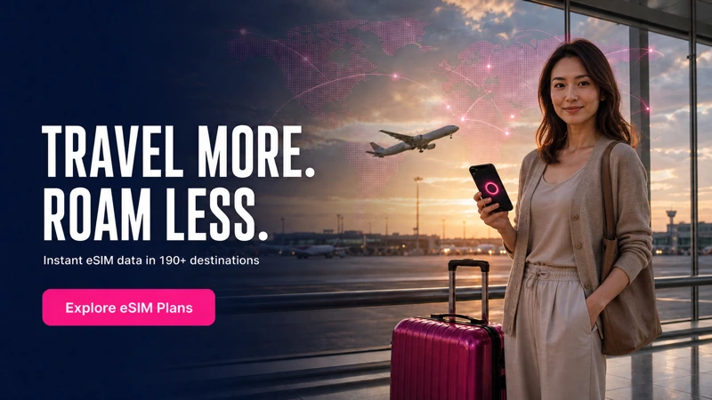 Female traveler holding a smartphone beside a magenta suitcase at an airport, with an airplane and global connectivity map in the background.
