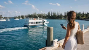Traveller checking a smartphone at a ferry dock in The Abacos