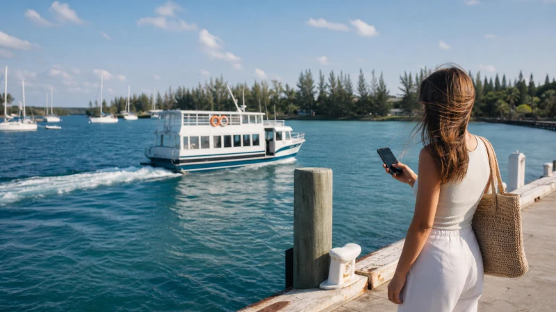 Traveller checking a smartphone at a ferry dock in The Abacos