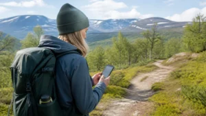 Traveller using a smartphone while preparing for mobile internet in abisko national park