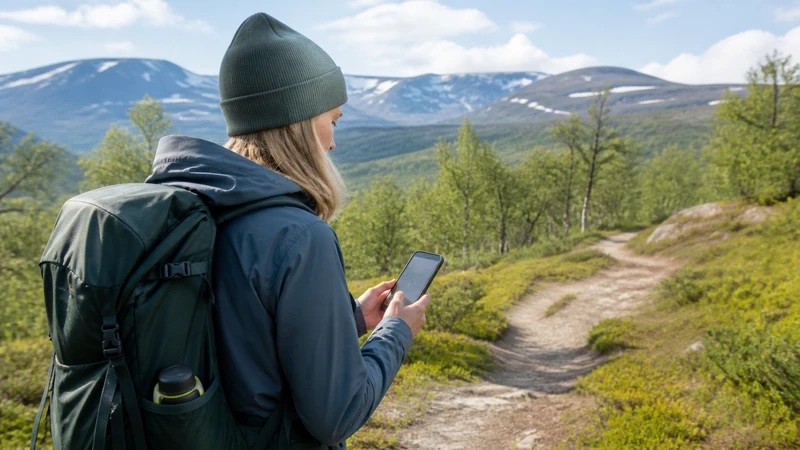 Traveller using a smartphone while preparing for mobile internet in abisko national park