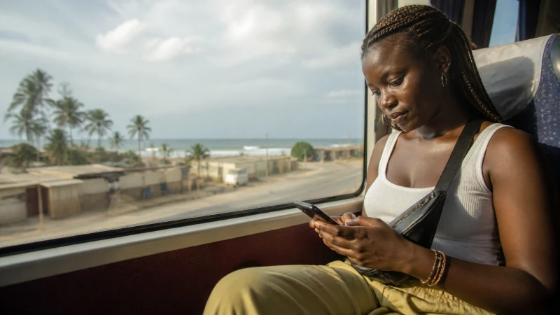 Traveller using a smartphone on the route from Accra to Cape Coast