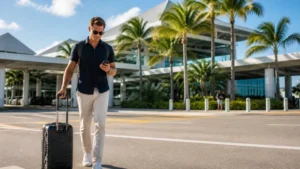 Traveller activating an eSIM after arriving at Nassau airport
