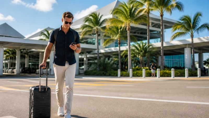 Traveller activating an eSIM after arriving at Nassau airport