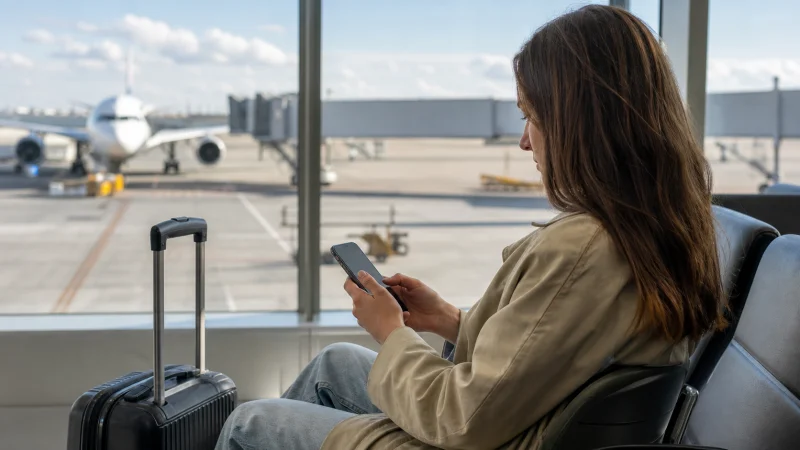 Traveller using a smartphone during a trip in Belgium