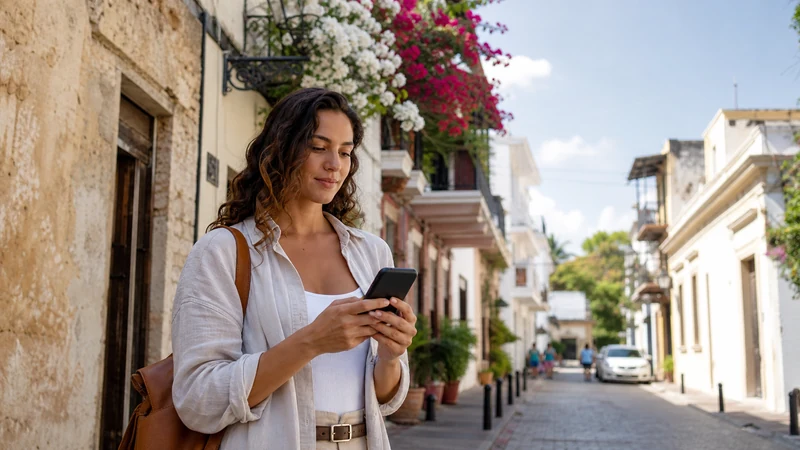 Traveller using a smartphone in the Dominican Republic for activate esim dominican republic