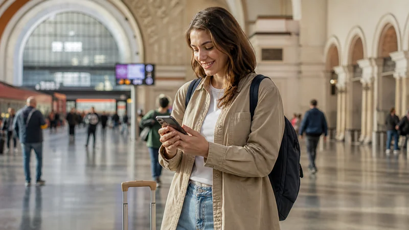 Traveller activating a smartphone connection at a Tbilisi transport hub