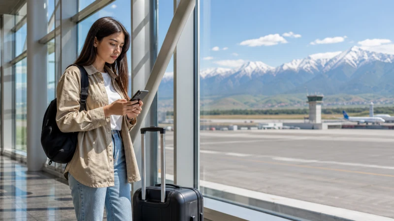Traveller activating a Kazakhstan eSIM after arriving in Almaty.