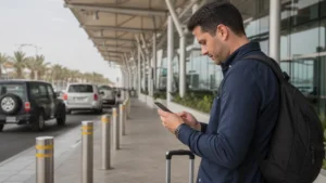 Traveller using a smartphone in a Kuwait setting related to when and how to activate your kuwait esim