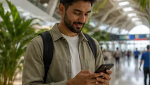 Traveller using a smartphone in Mauritius while researching how to activate your mauritius esim